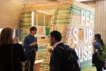 Visitors at the RIBA in London during the opening of the Pea Soup House installation.